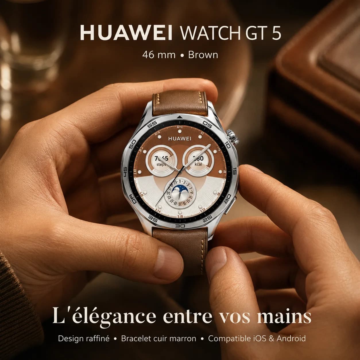 ساعة HUAWEI Watch GT 5 46mm — ساعة ذكية بسوار جلد بني، شاشة AMOLED، مكالمات بلوتوث