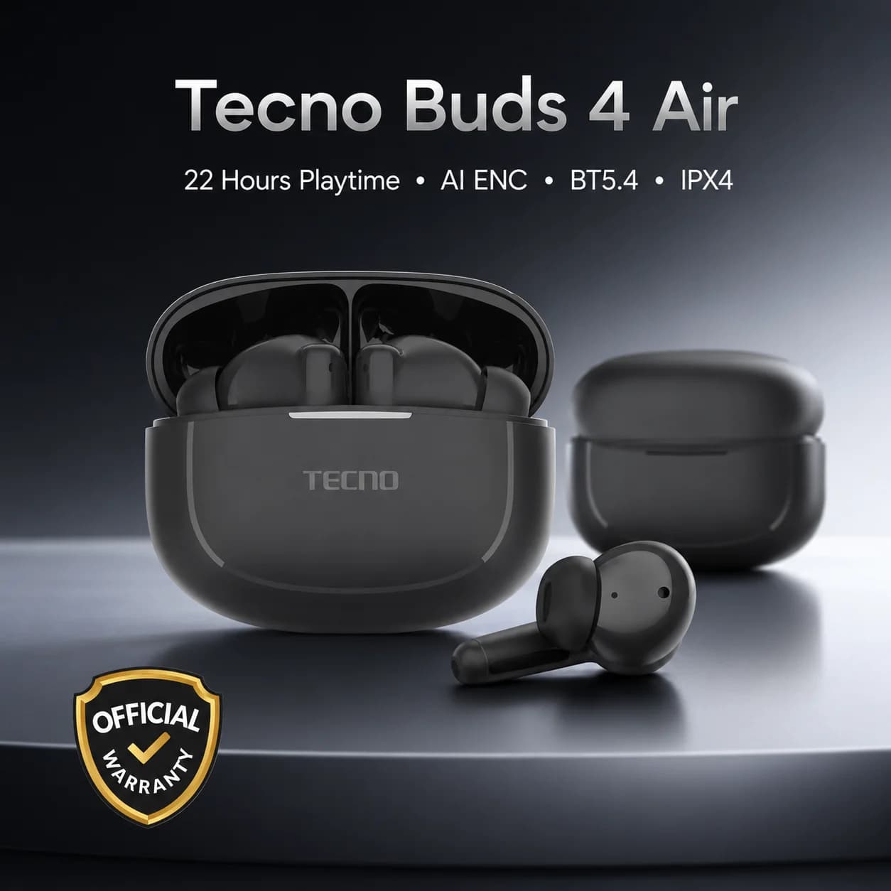 سماعات TECNO Buds 4 Air — سماعات لاسلكية TWS بلوتوث 5.4، عزل ضوضاء AI ENC، مقاومة IPX4، أسود