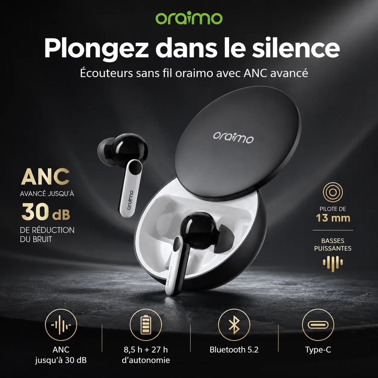 سماعات Oraimo FreePods 4 — سماعات لاسلكية حقيقية بخاصية ANC، بلوتوث 5.2، منفذ Type-C، أسود