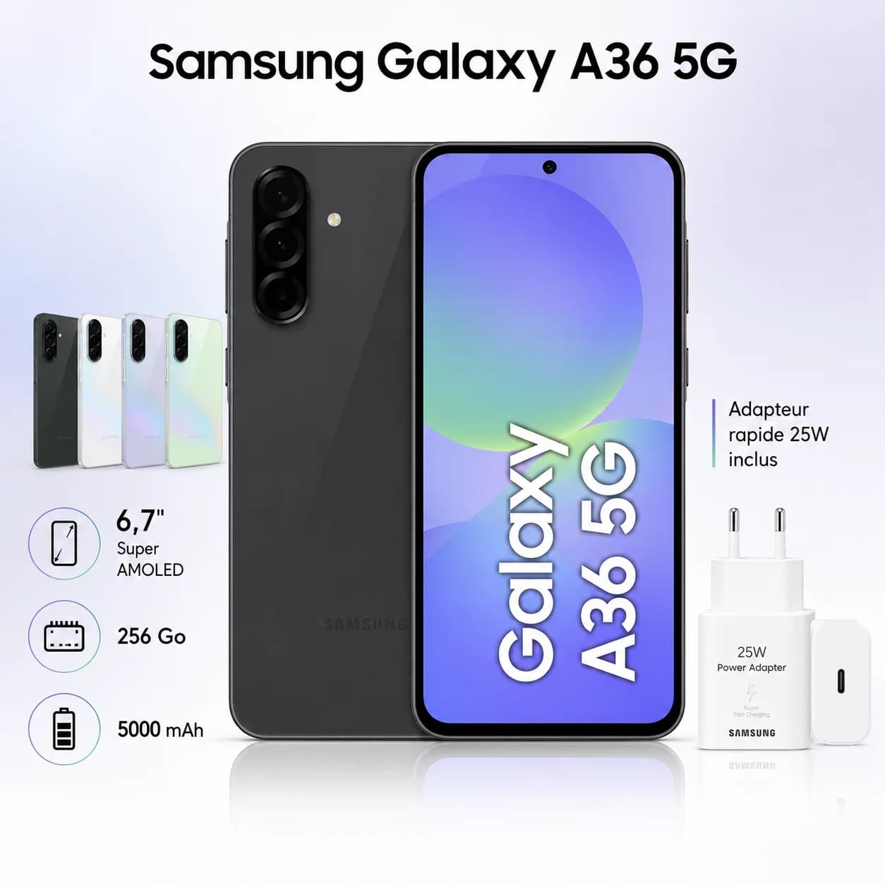 هاتف Samsung Galaxy A36 5G — 8 جيجا / 256 جيجا، شاشة Super AMOLED 6.7" بـ 120Hz، كاميرا 50 ميجا، بطارية 5000mAh + شاحن 25W، أسود