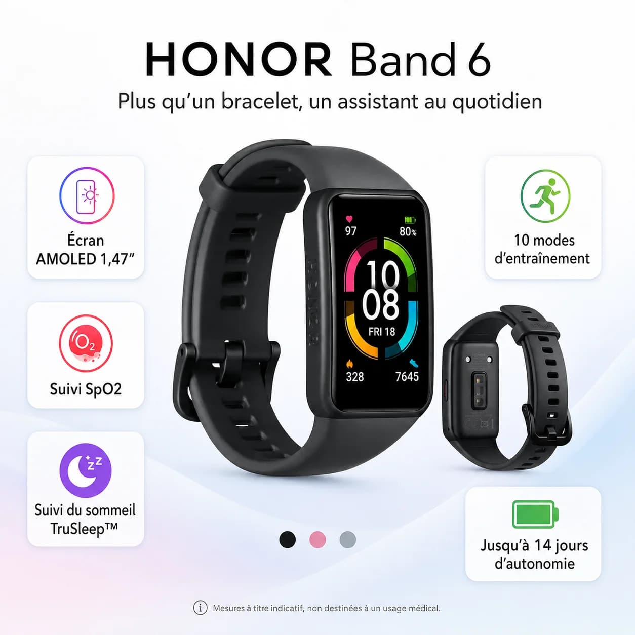 سوار ذكي HONOR Band 6 — شاشة AMOLED 1.47"، قياس الأوكسجين SpO2، نبضات القلب 24/24، بطارية 14 يوم، أسود
