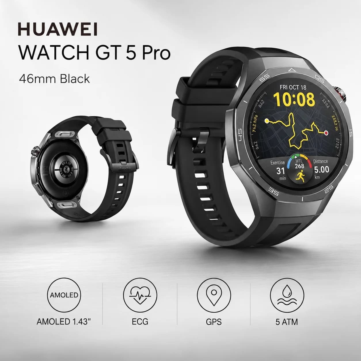 ساعة HUAWEI Watch GT 5 Pro 46mm — ساعة ذكية بهيكل تيتانيوم، شاشة AMOLED، تخطيط القلب ECG، غطس 40 متر، أسود