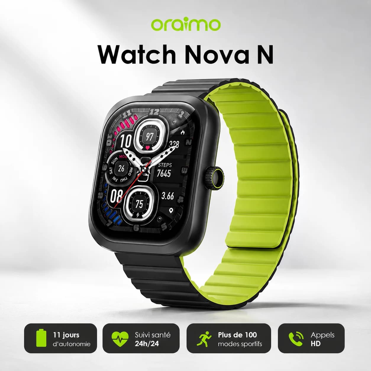 ساعة Oraimo Watch Nova N — ساعة ذكية بشاشة AMOLED 2.04"، مكالمات HD، مقاومة IP68، بطارية 11 يوم، سوارين، أسود/أخضر