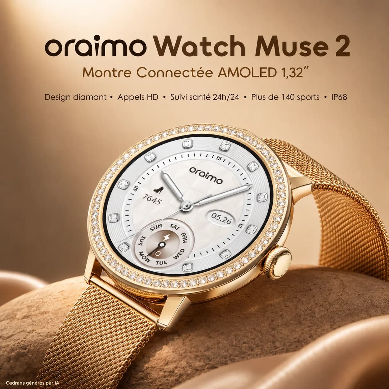 Oraimo Watch Muse 2 — Montre Connectée Femme AMOLED 1.32" Design Diamant, Appels, IP68, 2 Bracelets, Or