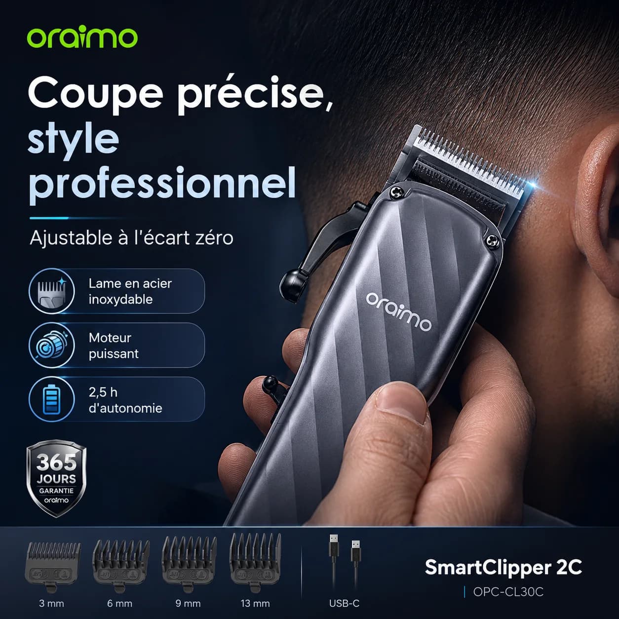 Oraimo SmartClipper 2C — Tondeuse à Cheveux Professionnelle Sans Fil, Lame en T Inox, Autonomie 2,5h