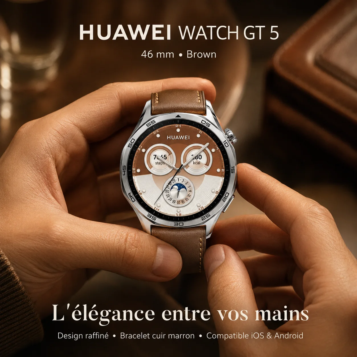 ساعة HUAWEI Watch GT 5 46mm — ساعة ذكية بسوار جلد بني، شاشة AMOLED، مكالمات بلوتوث ORAIMO — MRTECH المغرب