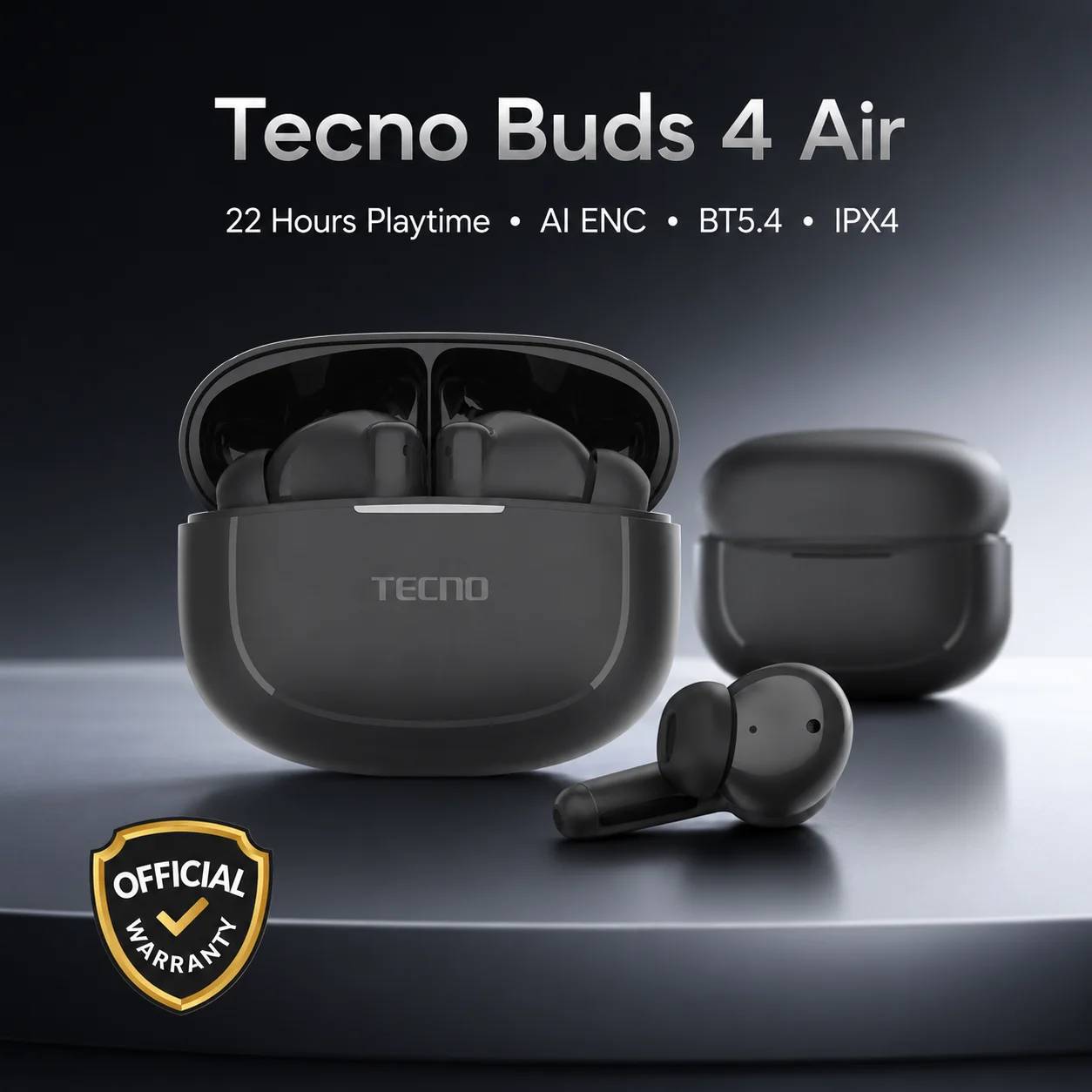 سماعات TECNO Buds 4 Air — سماعات لاسلكية TWS بلوتوث 5.4، عزل ضوضاء AI ENC، مقاومة IPX4، أسود Tecno — MRTECH المغرب