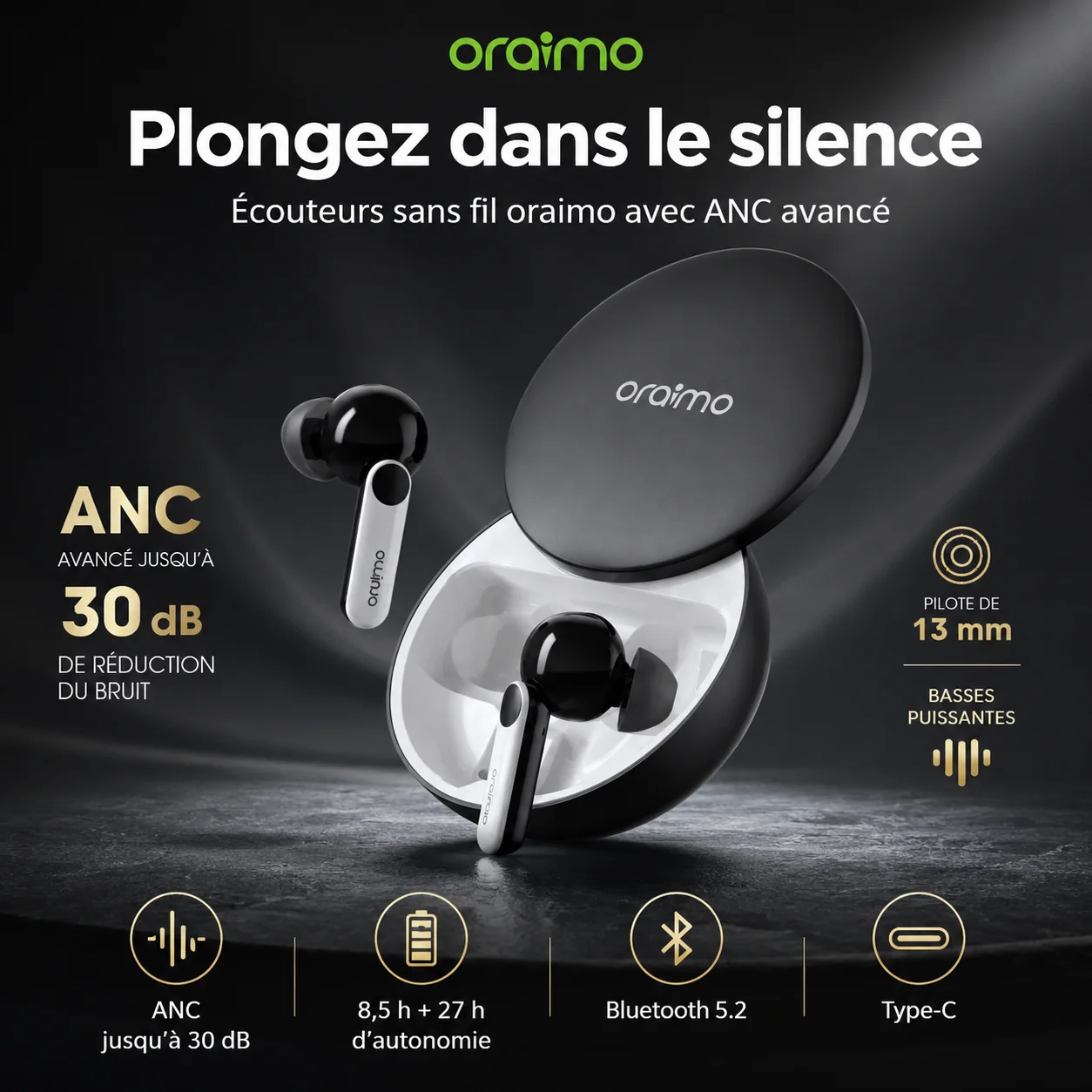 سماعات Oraimo FreePods 4 — سماعات لاسلكية حقيقية بخاصية ANC، بلوتوث 5.2، منفذ Type-C، أسود ORAIMO — MRTECH المغرب