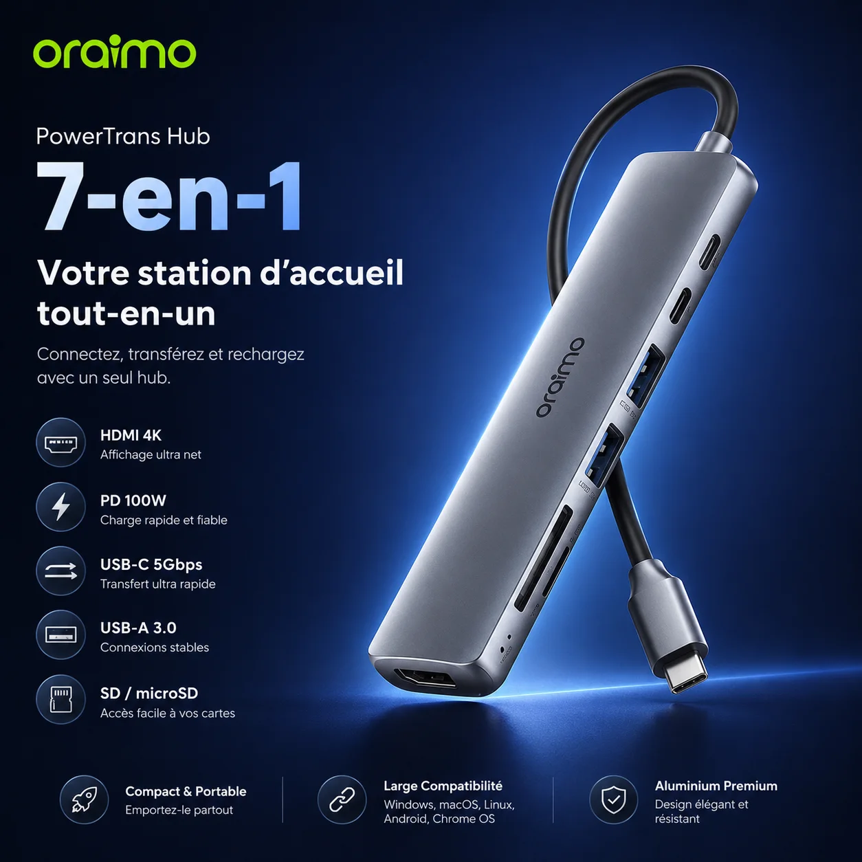 Oraimo PowerTrans Hub USB-C 7-en-1 — HDMI 4K, USB 3.2, PD, Lecteur SD/TF, Station d'Accueil ORAIMO — MRTECH Maroc