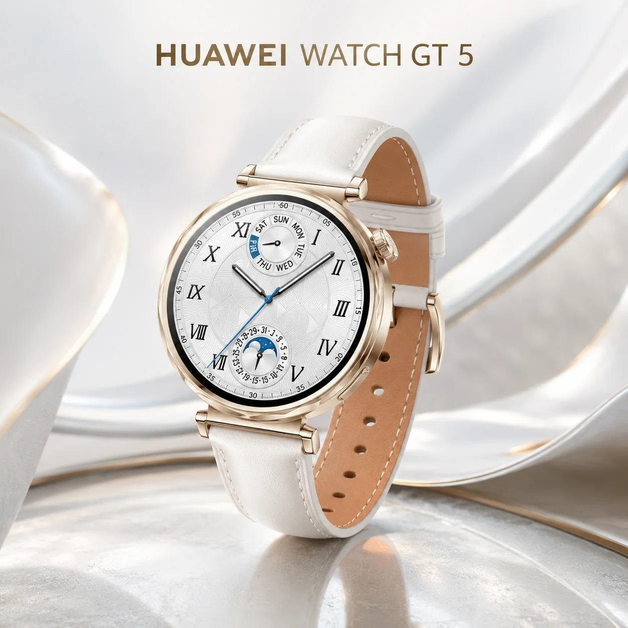 HUAWEI Watch GT 5 41mm — Montre Connectée Femme Bracelet Cuir Blanc, AMOLED, Appels Bluetooth, Or Huawei — MRTECH Maroc