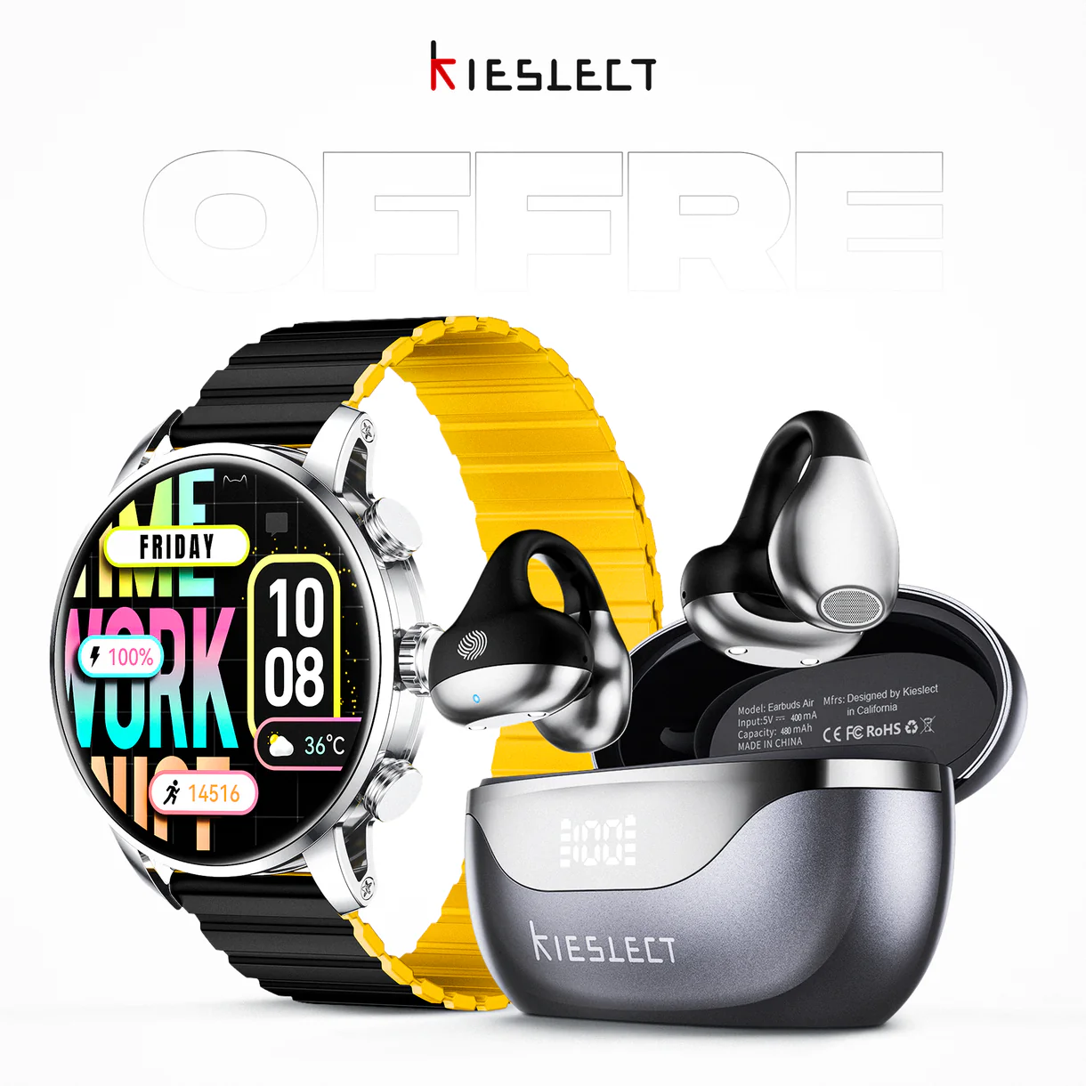 Pack Kieslect Kr2 — Montre Connectée AMOLED Appels + Écouteurs Open-Ear (Offre) kieslect — MRTECH Maroc