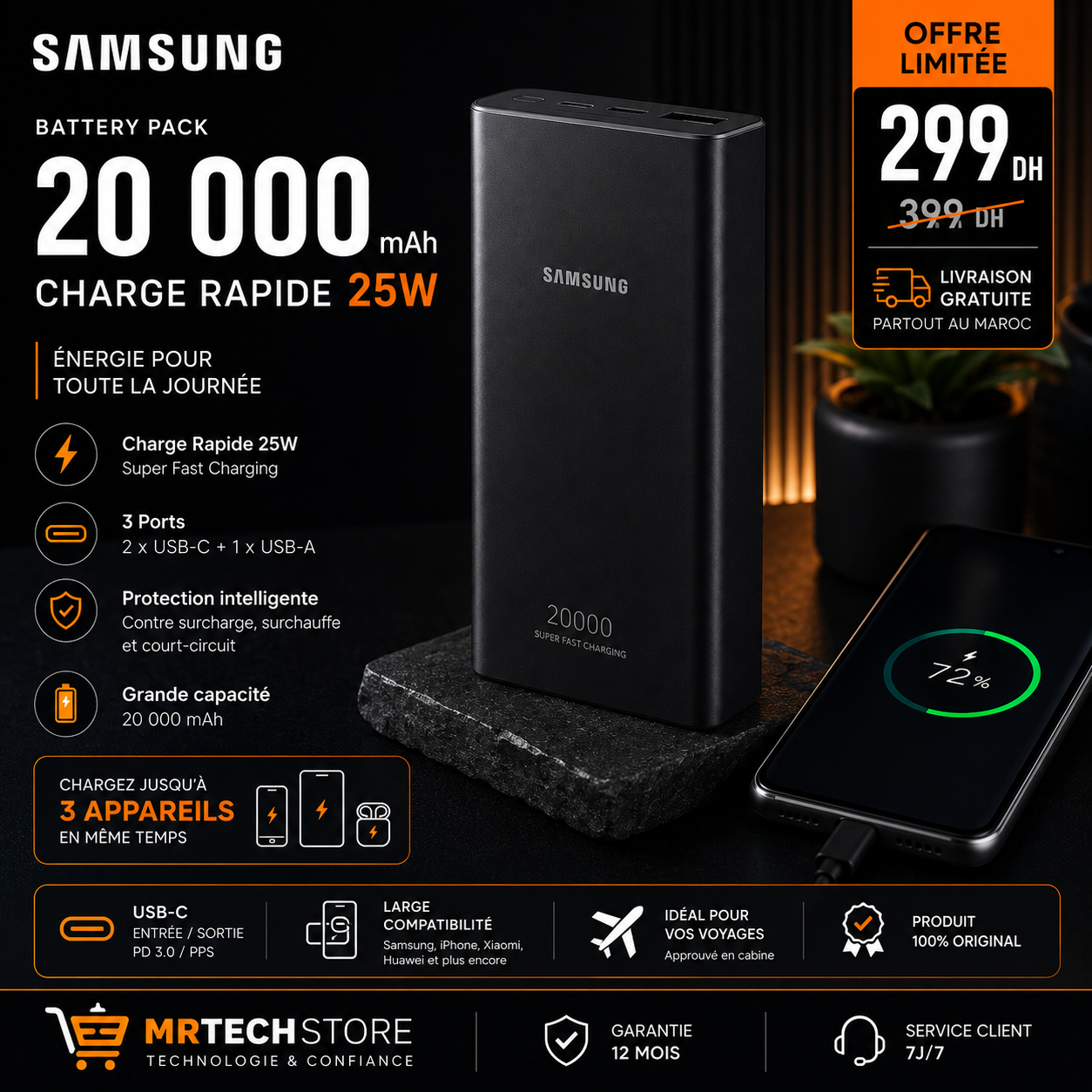 Samsung Battery Pack 20 000 mAh – Charge Rapide 25W Samsung — MRTECH Maroc